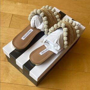 Aquazzura Natural Raffia Pom-Pom Slide Sandals